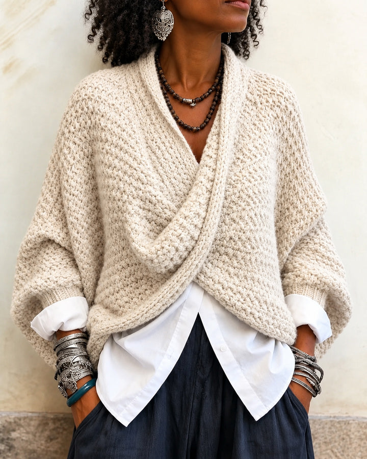 Women Cozy Relaxed Batwing Sleeves Crossover V-neck Sweater