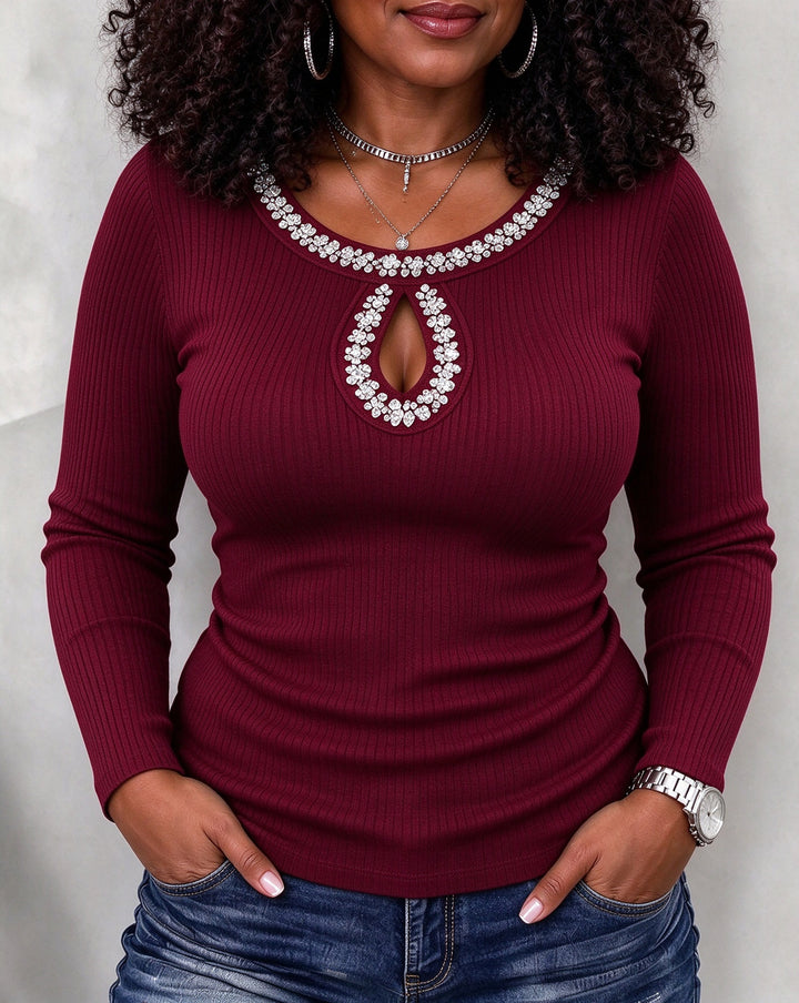 Women Rhinestone Keyhole Cutout Long Sleeve Top