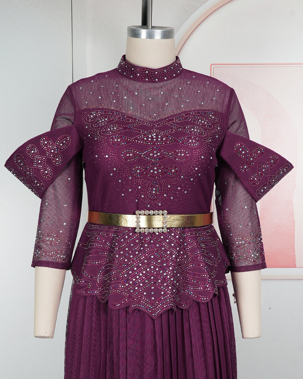 Plus Size Gold Rhinestone Embroidered High Neck Pleated Maxi Dress