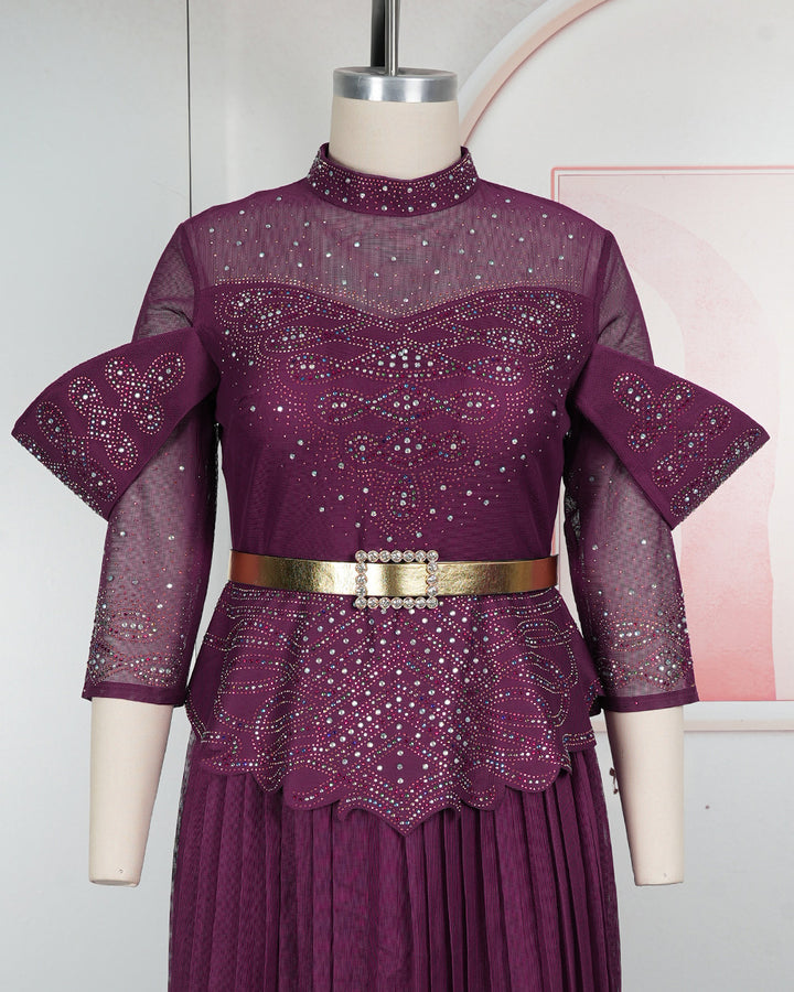 Plus Size Gold Rhinestone Embroidered High Neck Pleated Maxi Dress