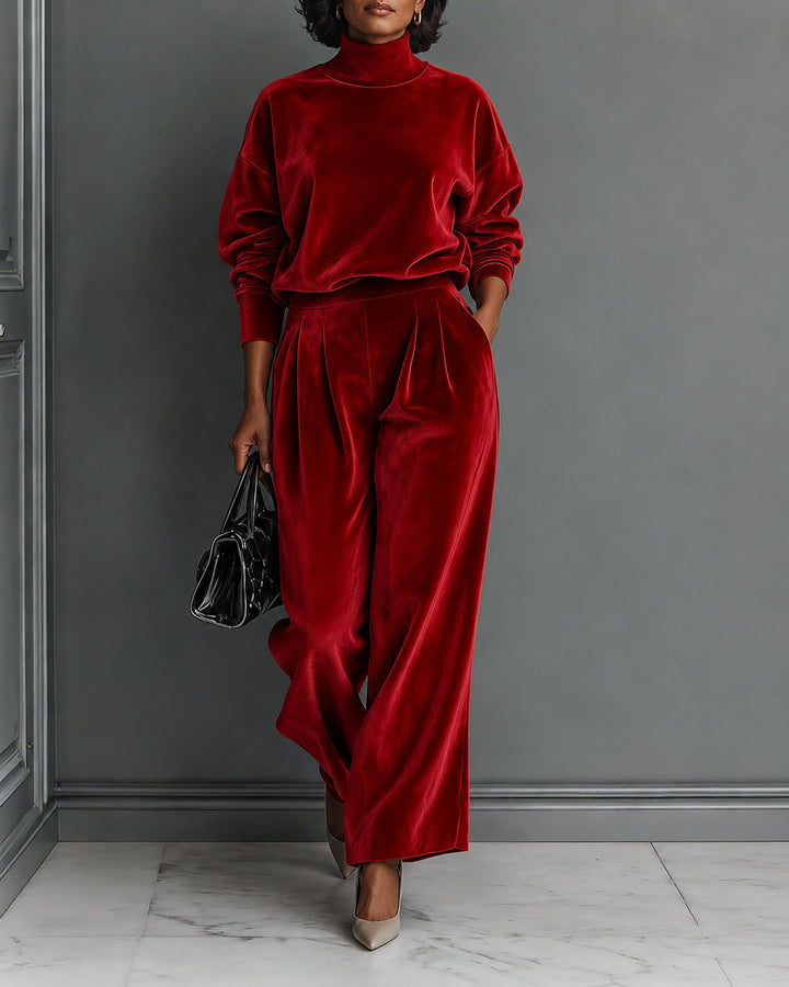 Elegant Turtleneck Velvet Top & Wide Leg Pants Two Piece Set
