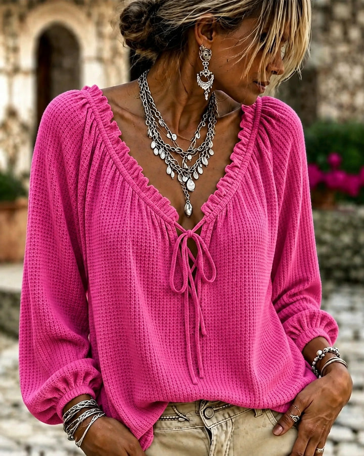 V-neck Drawstring Tie Lace Waffle Knit Long-sleeved Top
