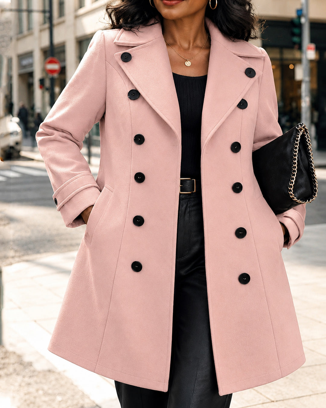 Women's Double Breasted Lapel Collar Mid Length Coat