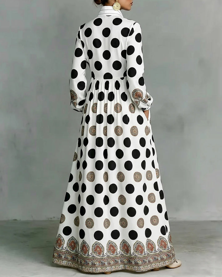 High Waisted Long Sleeves Big Hemline Buttoned Contrast Color Pleated Pockets Polka-Dot Stand Collar Maxi Dresses