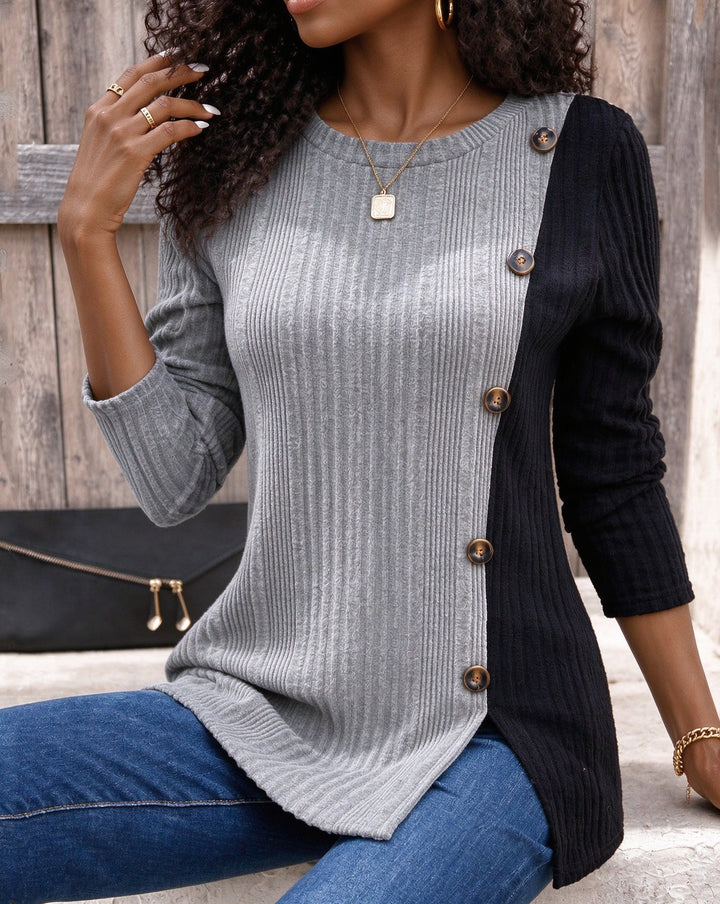 Women Color Block Ribbed Knit Button Decor Asymmetric Hem Tunic Top
