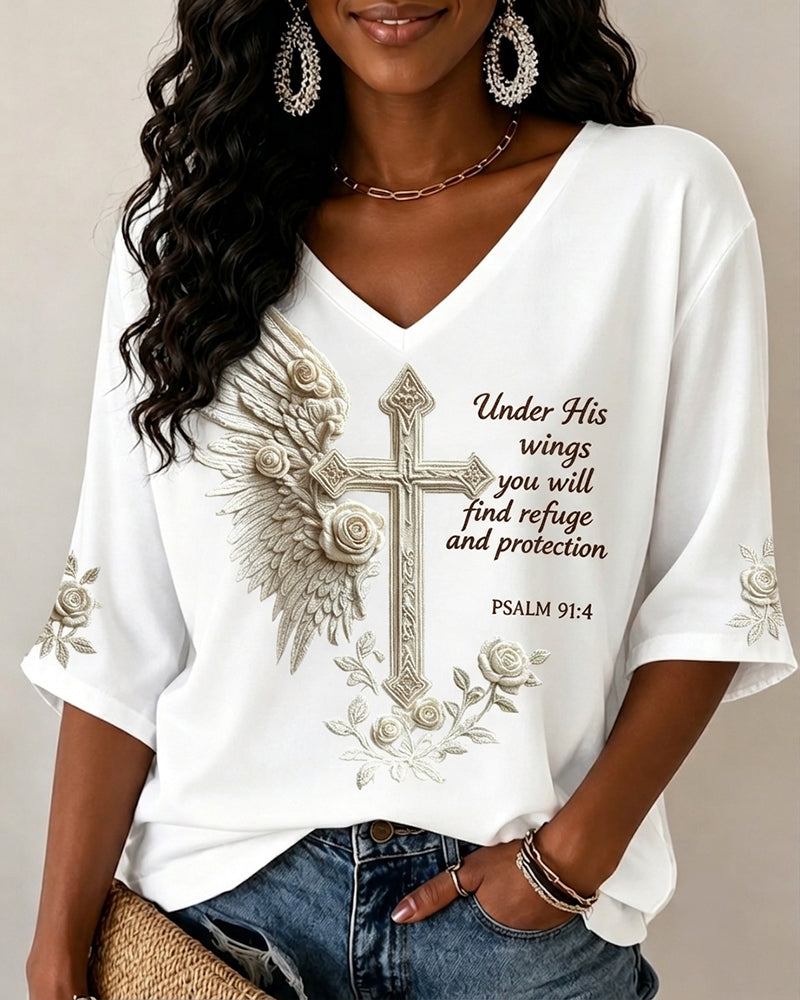 Christian Winged Rose Print V-neck Half Sleeved Loose Top