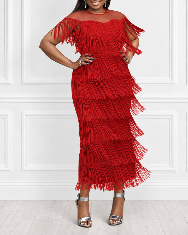 Plus Size Women Mesh Neck Tiered Fringe Midi Dress