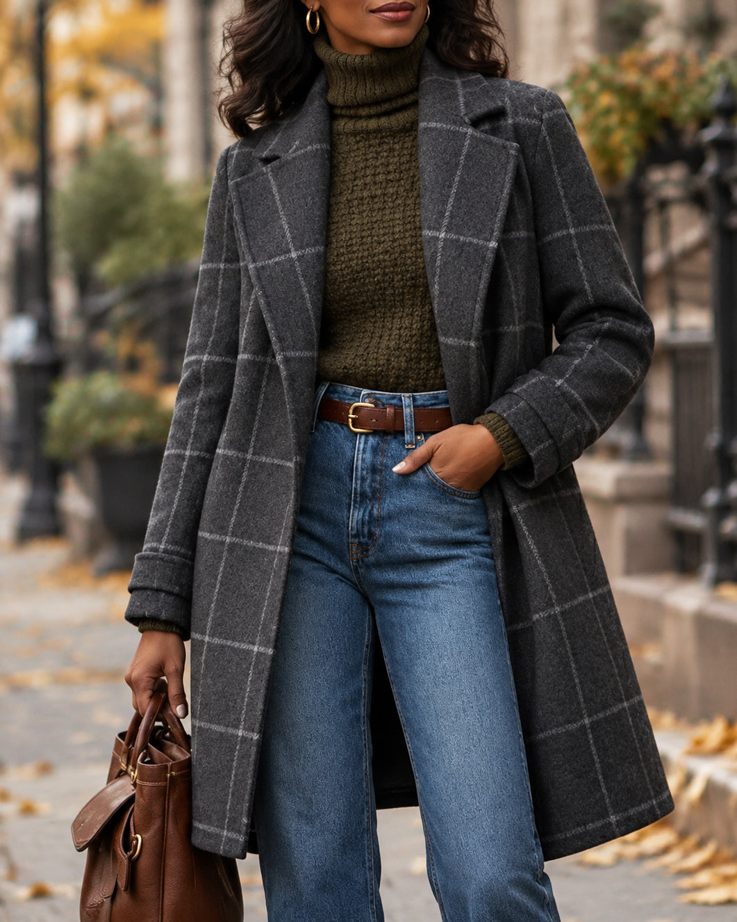 Women's Plaid Wool Blend Long Coat