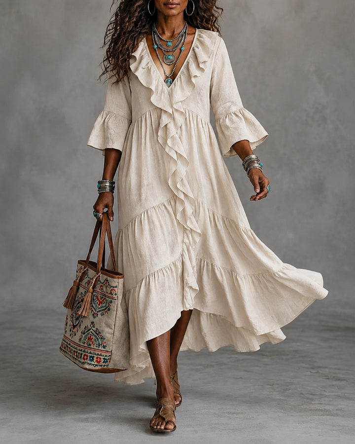 V-Neck Lace Spliced 3/4 Flare Sleeve Ruffled Vintage Dress
