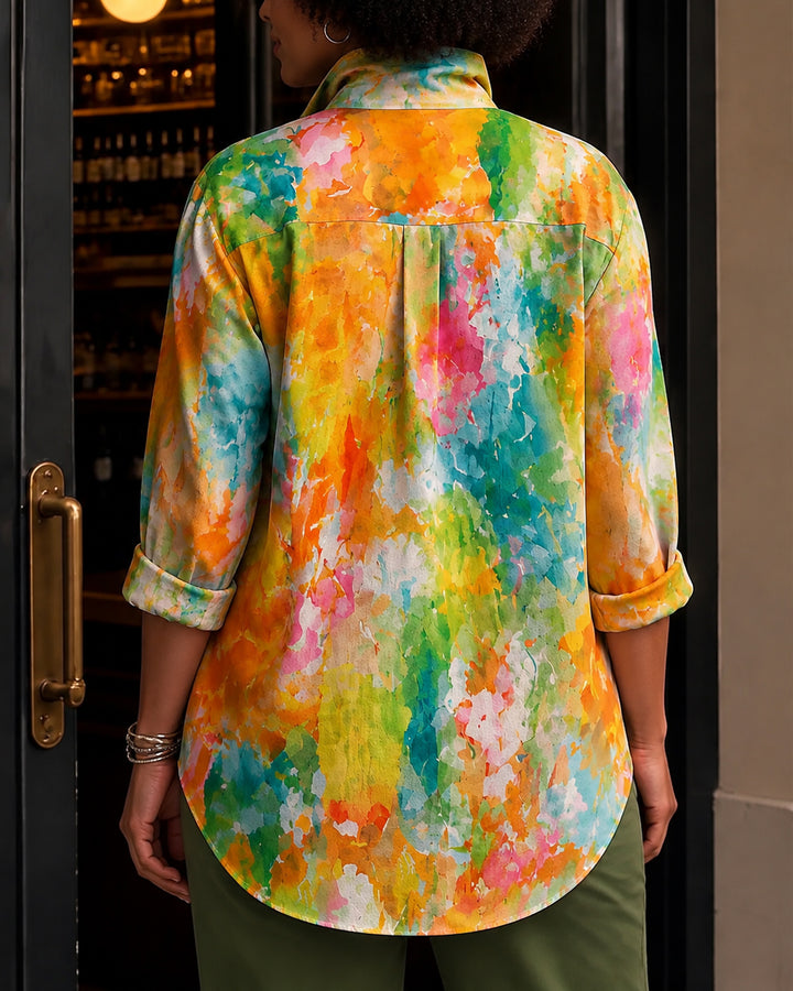 Colorful Random Print Printing Stand Collar Long Sleeve Shirt with Metal Buttons