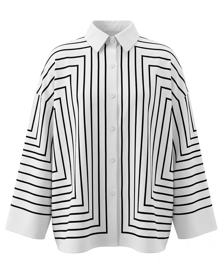 Printed Line Buttoned Loose Long Sleeves Lapel Blouses&Shirts Tops