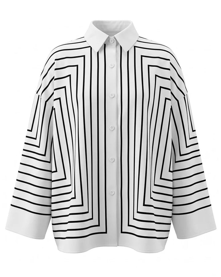 Printed Line Buttoned Loose Long Sleeves Lapel Blouses&Shirts Tops
