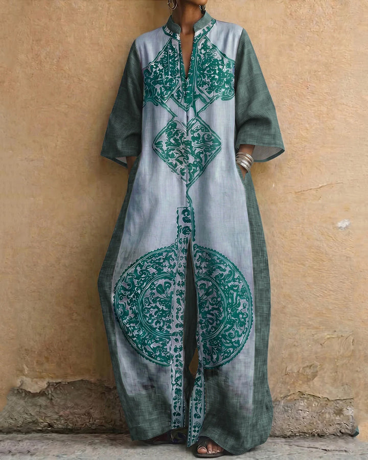 Loose Three-Quarter Sleeves Contrast Color Ethnic Printed Pockets V-Neck Jumpsuits
