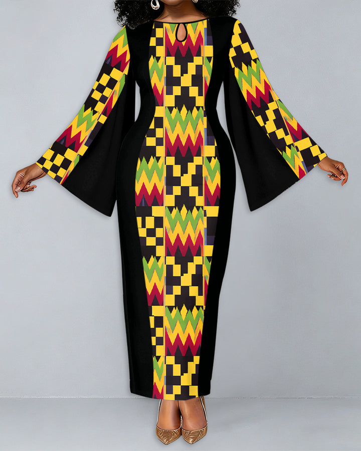 Ankara African American Culture Print Patchwork Round Neck Bell Sleeve Bodycon Long Dress