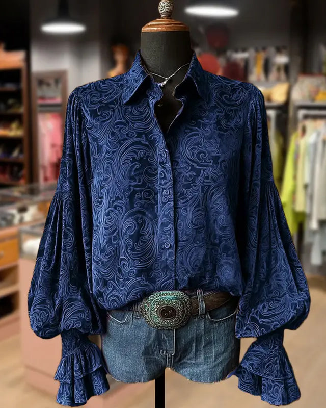 Vintage Floral Print Lantern Sleeve Velvet Top Casual Shirts
