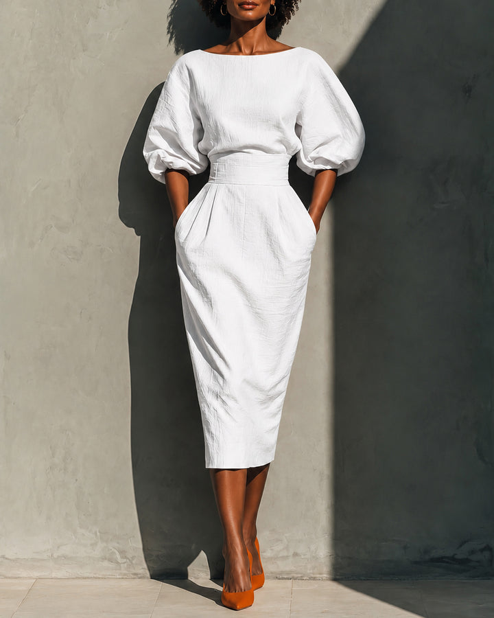 Off Shoulder Puff Sleeve High Waist Ruched Dress