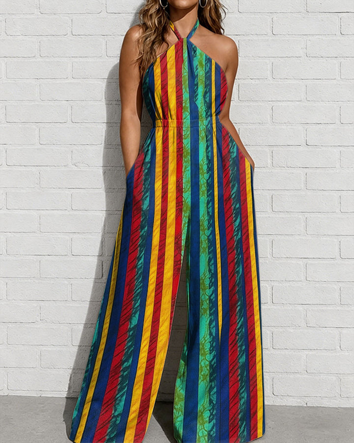 Tie-dye Color-blocked Vertical Stripes Halter Wide-Leg Jumpsuit