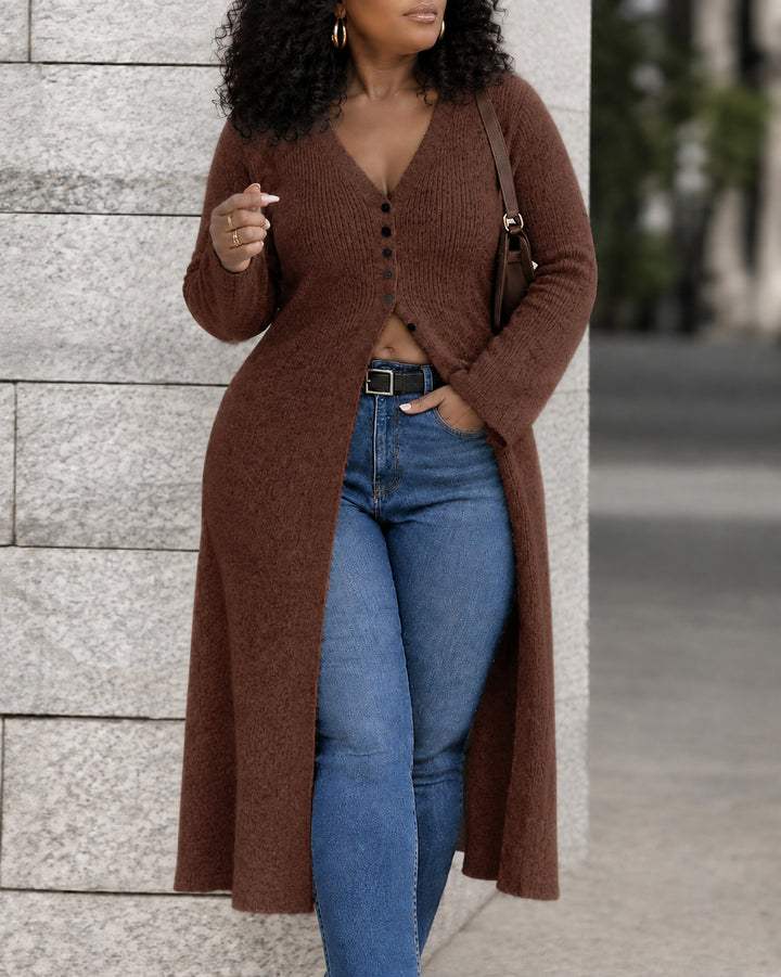 Women V Neck Button Front Long Sleeve Textured Knit Long Duster Cardigan