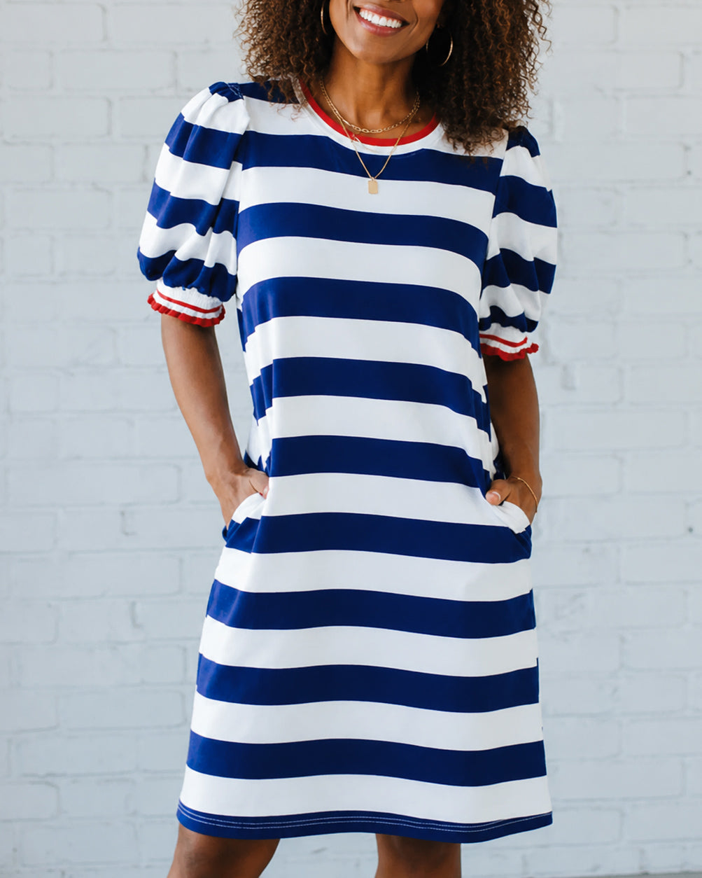 Round Neck Puff Sleeve Minimal Striped Casual Dress