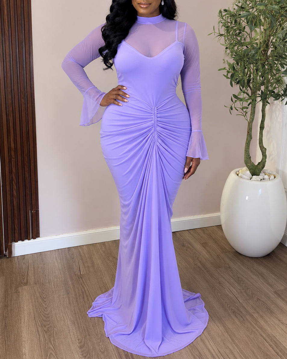 High Quality Women Mock Neck Mesh Mermaid Maxi Evening Gown