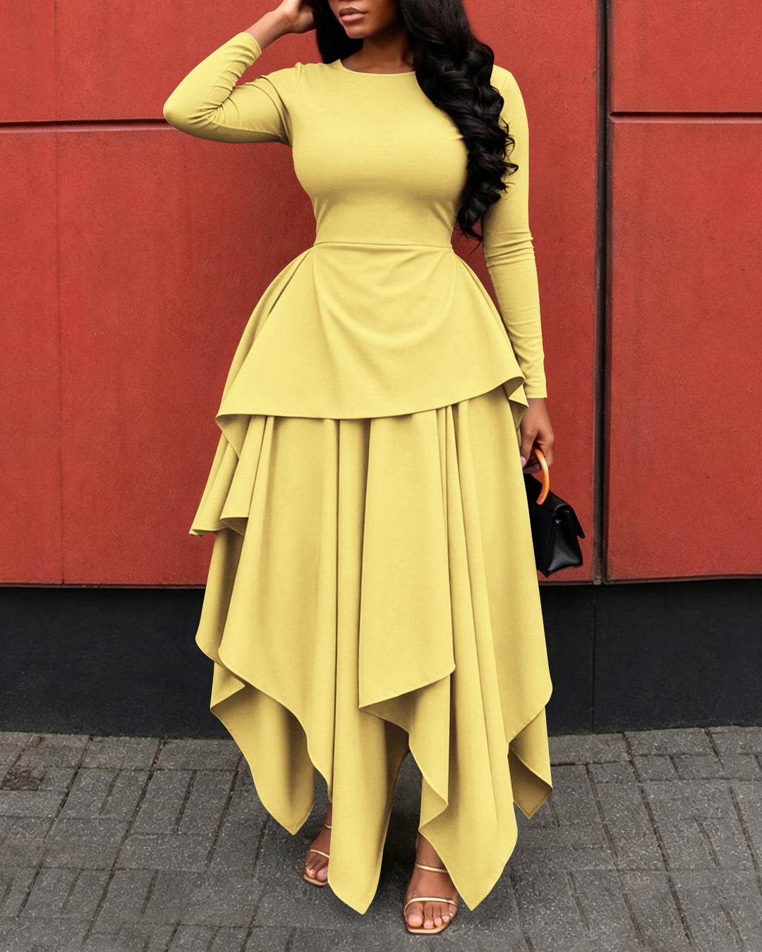 Elegant Long Sleeve Round Neck Layered Irregular Hem Maxi Dress