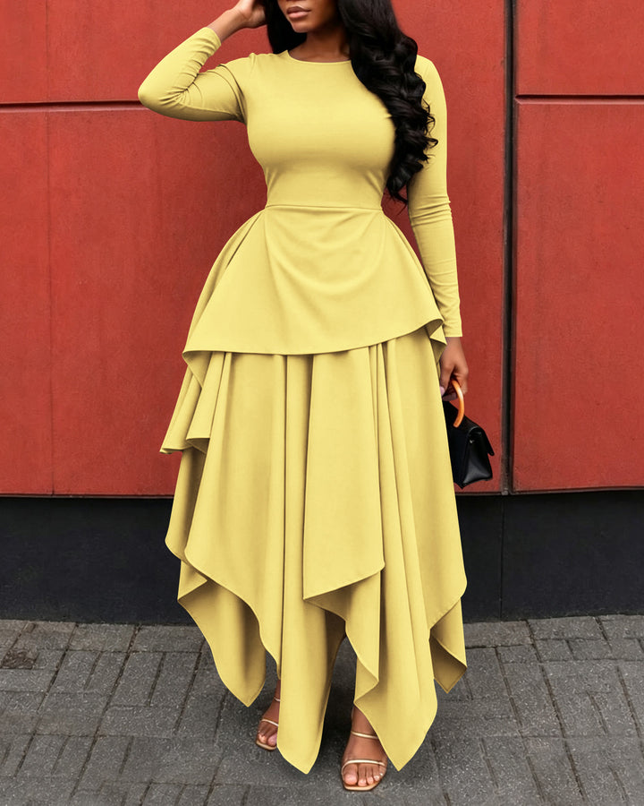 Elegant Long Sleeve Round Neck Layered Irregular Hem Maxi Dress