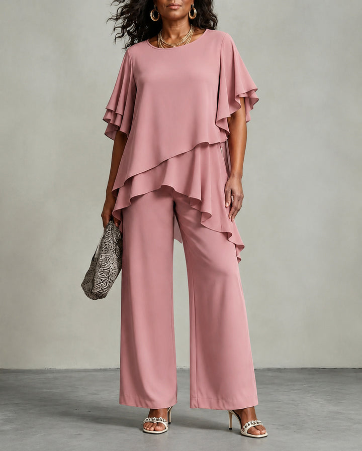 Chiffon Irregular Lace Top and Straight-leg Pants Two-piece Set