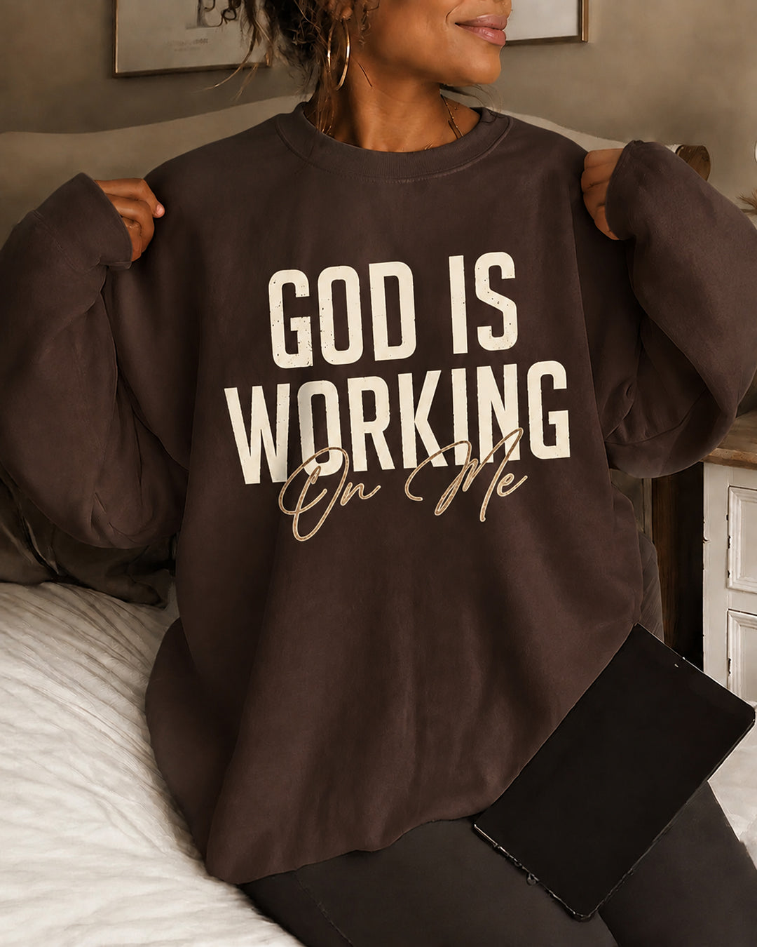 Women's God Is Working On Me Round Neck Sweatshirt