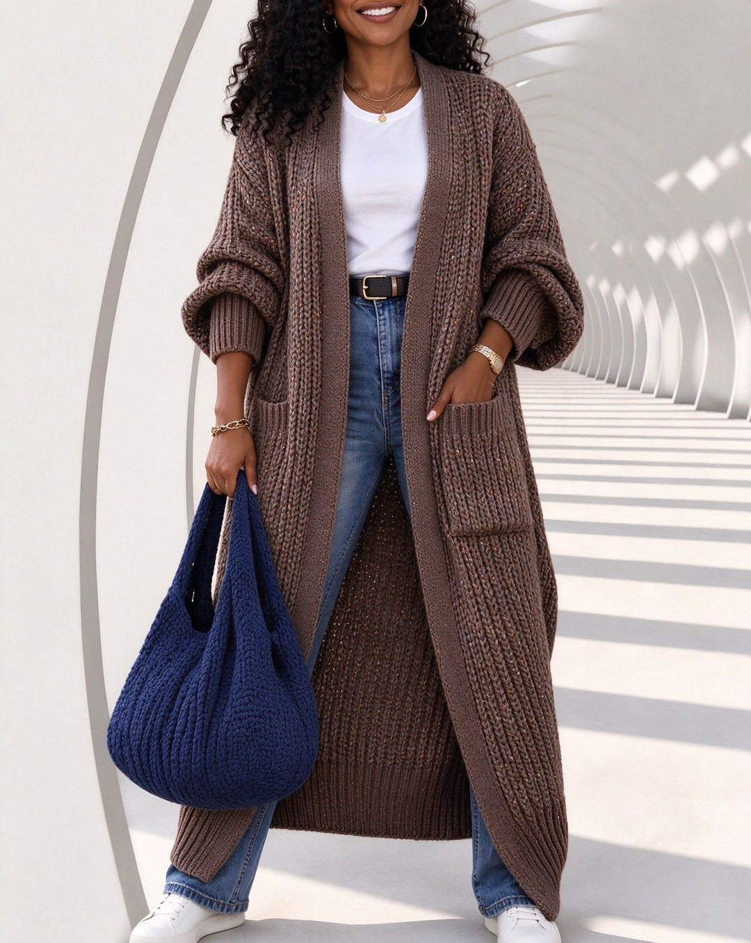 Women's Chunky Knit Open Front Oversized Lantern Sleeve Long Cardigan