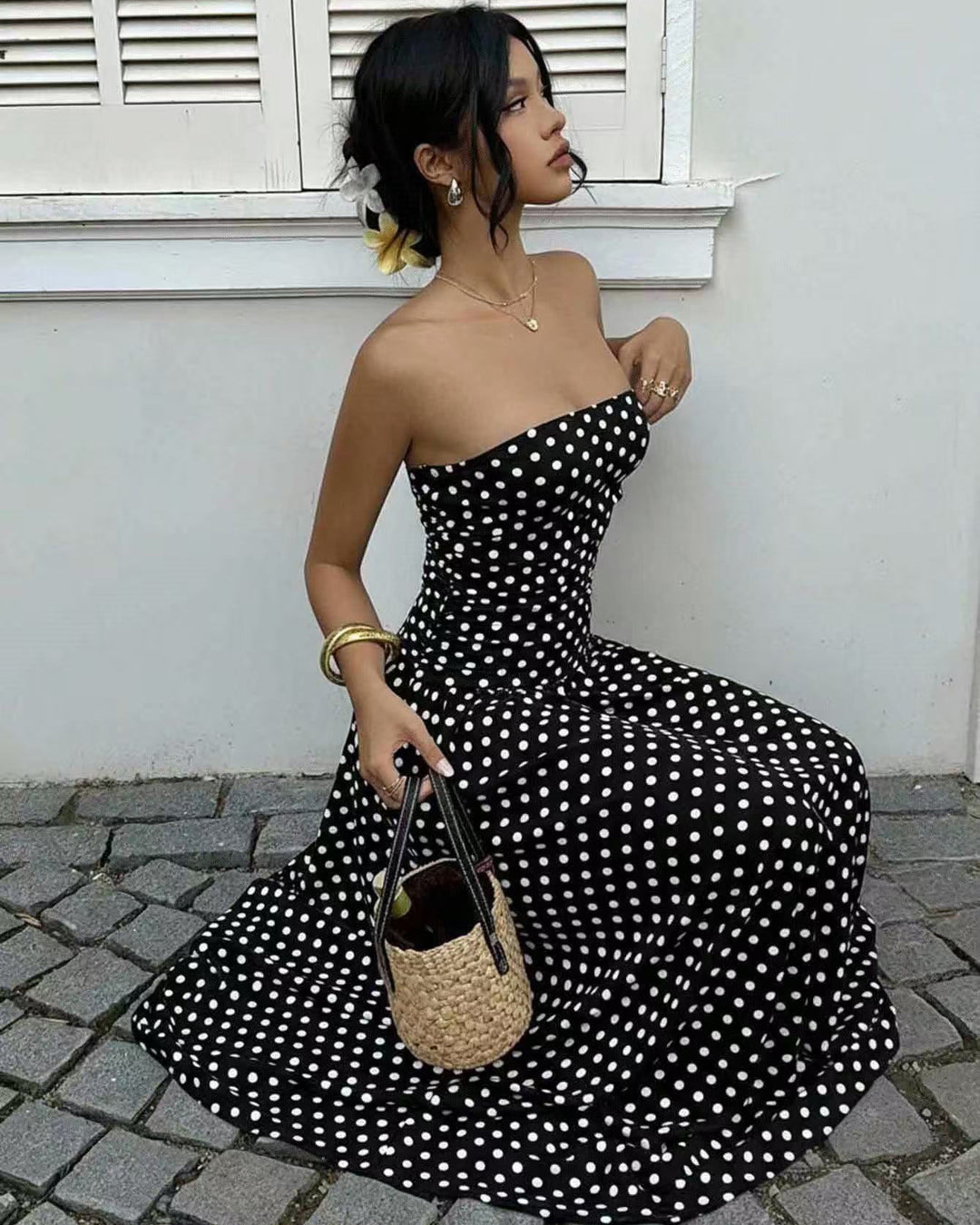 Women's Polka Dot Strapless Maxi Dress Sleeveless A Line Flared Knitted Fabric Casual Dress
