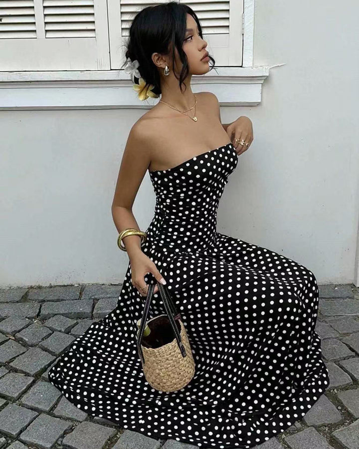 Women's Polka Dot Strapless Maxi Dress Sleeveless A Line Flared Knitted Fabric Casual Dress