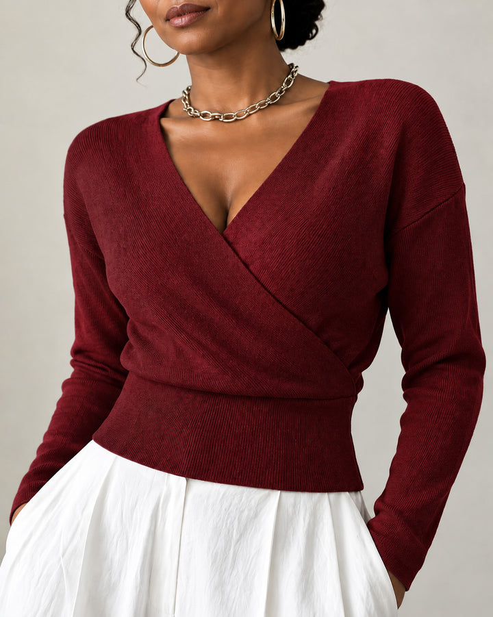 Women's Wrap V Neck Ribbed Knit Top