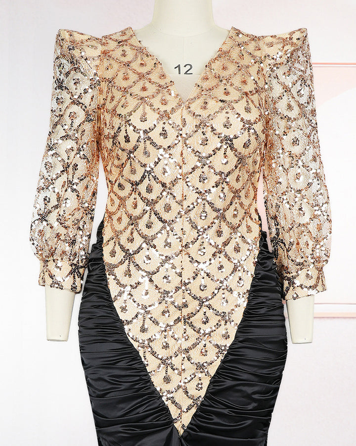 Plus Size Lace Puff Sleeve Sequin Lace Mermaid Maxi Gown Evening Dress