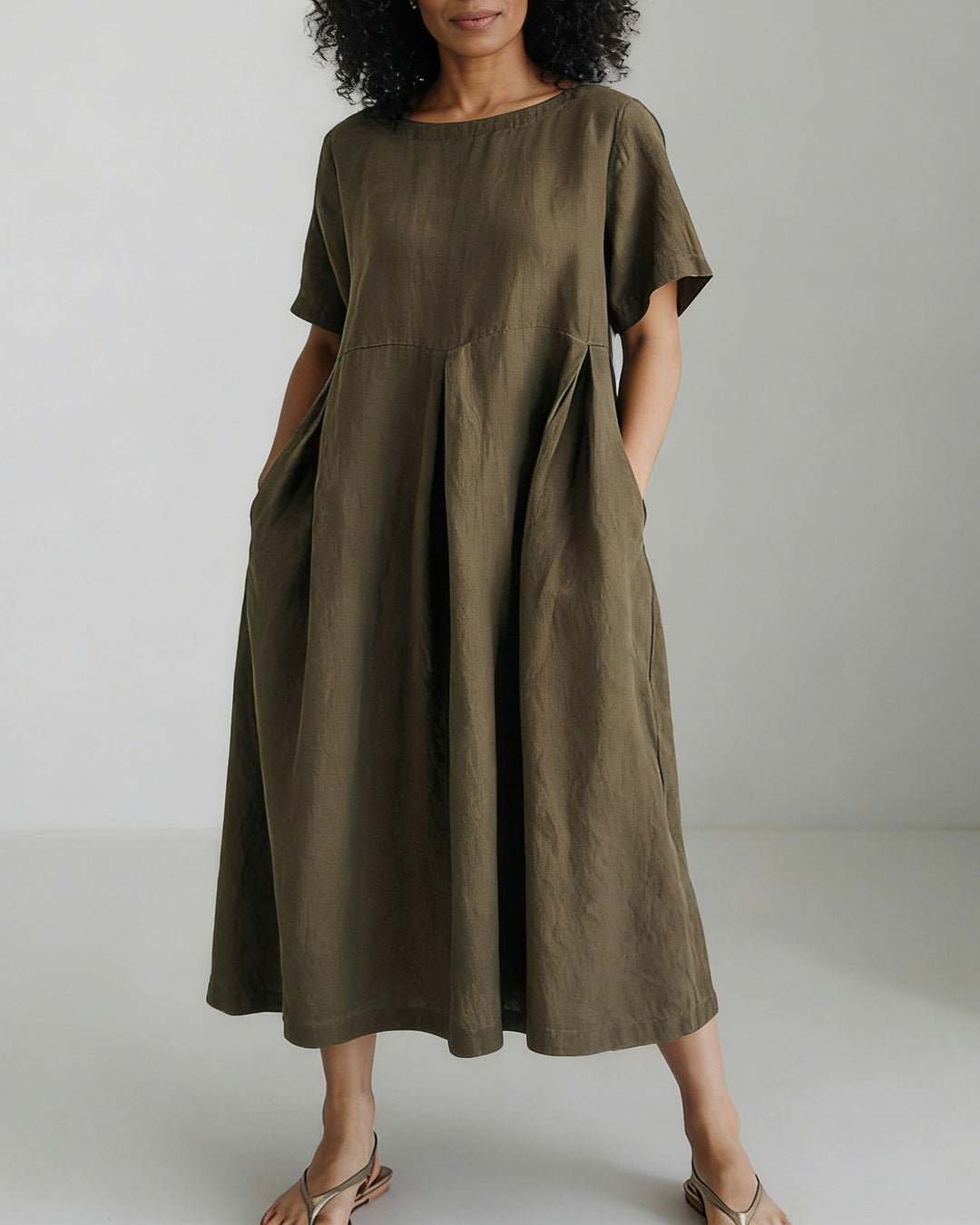 Round Neck Loose Cotton and Linen Casual Long Dress
