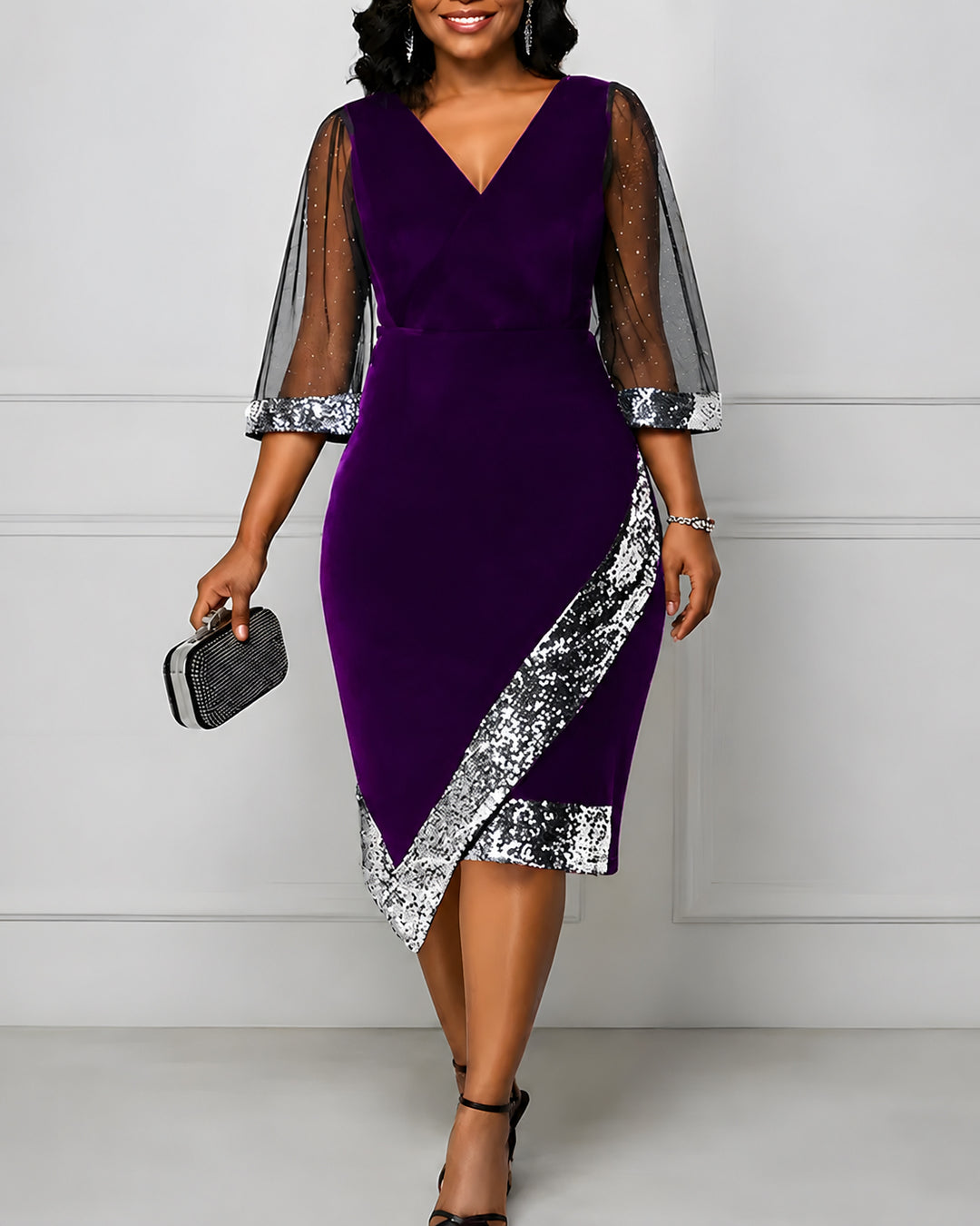 Women's Gold Velvet Irregular Sequins See-through Mesh Dress