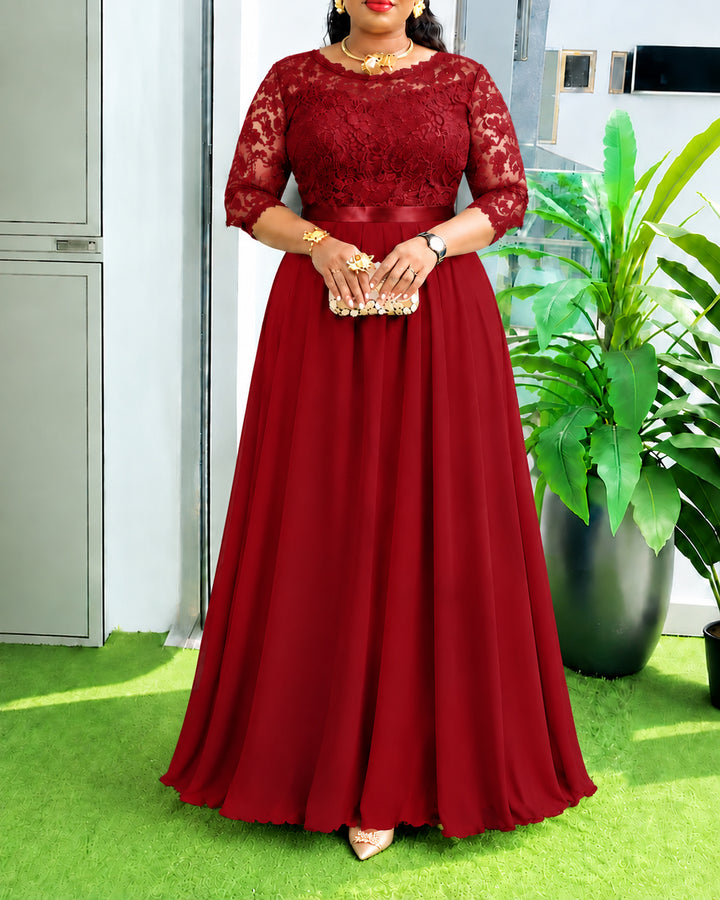 Women Lace Chiffon 3/4 Sleeve Maxi Evening Dress