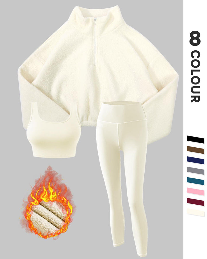 Women's Fleece-Lined Tracksuit Set, Cozy 3-Piece Outfits For Gym,Athleisure Wear Set