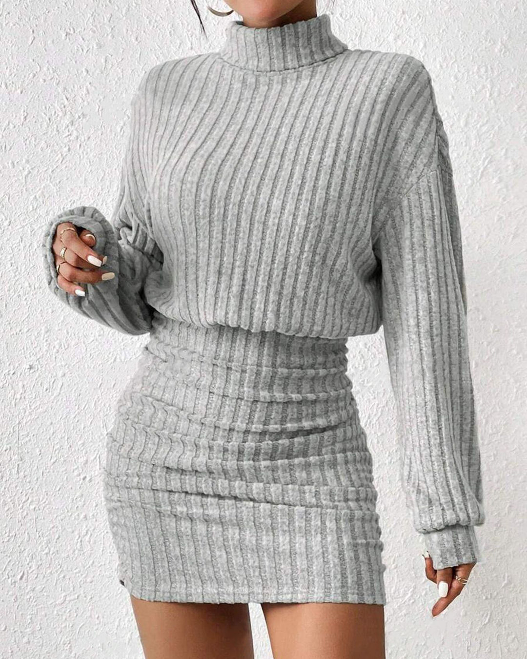 Women's Turtleneck Ribbed Knit Long Sleeve Ruched Mini Dress
