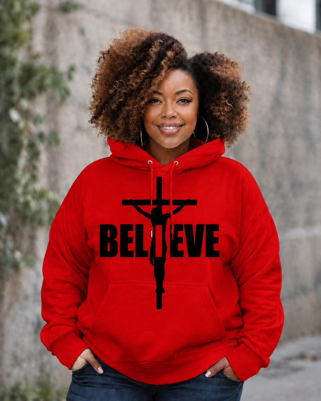 Women's Believe Christmas Jesus Prints Long Sleeve Hoodie