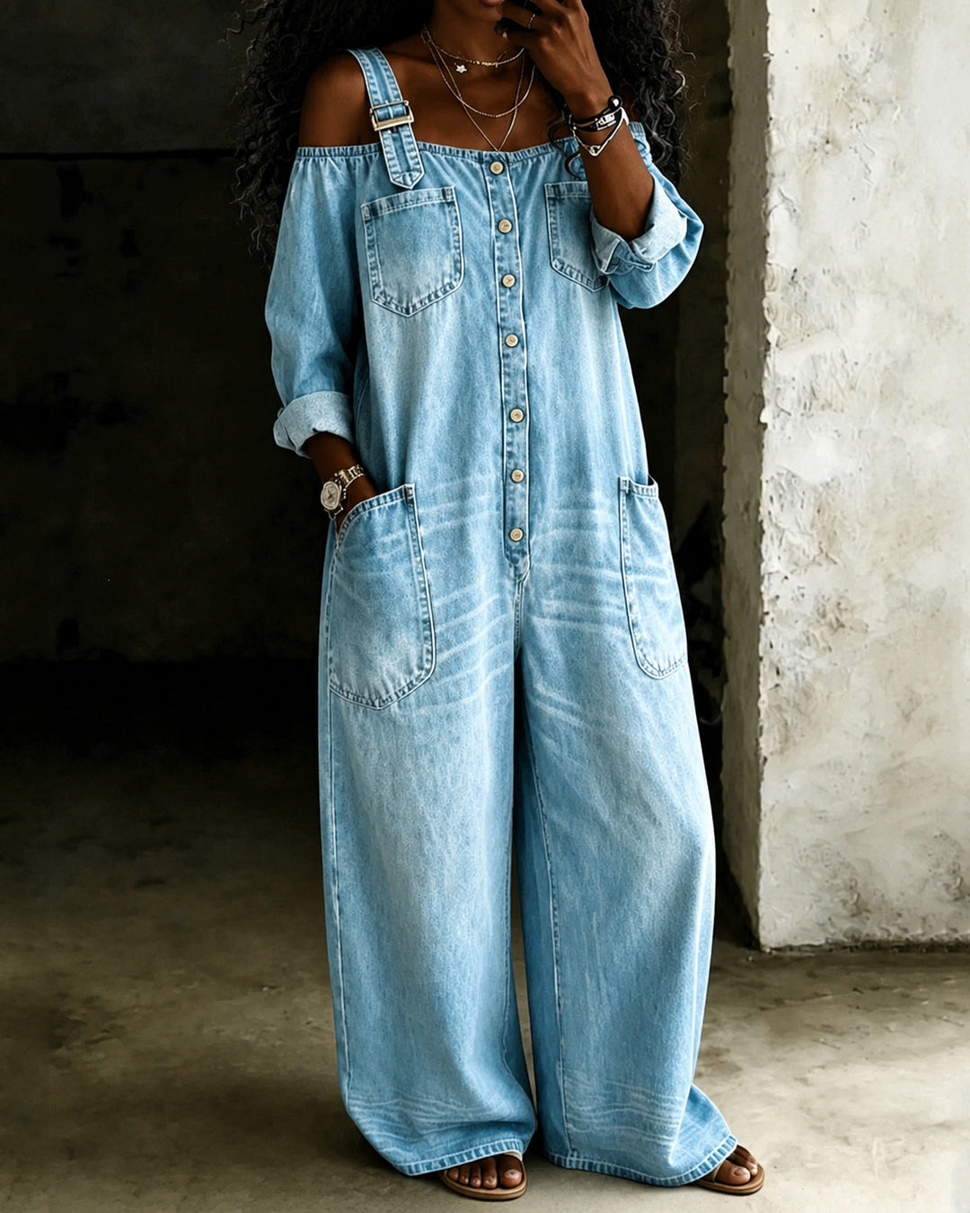 100% Washed Denim Single-breasted Off-shoulder Overall