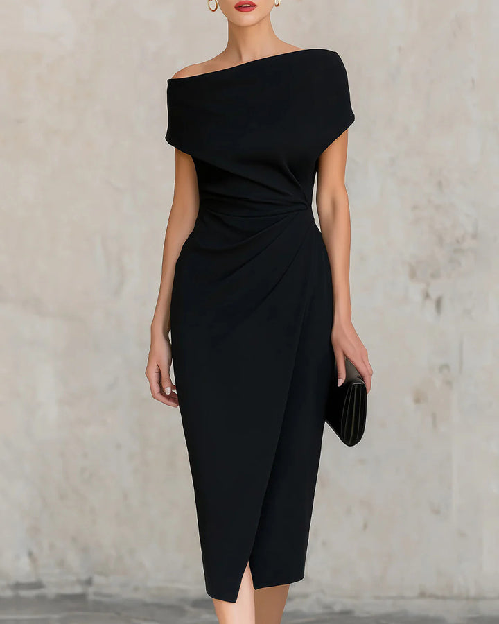 Off Shoulder Waist Cinched Ruched Slit Hem Midi Dress