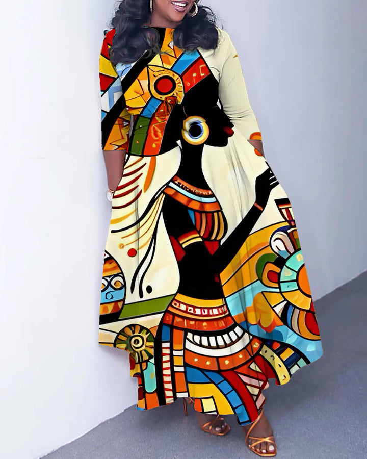 Crew Neck Abstract African Painting Long Sleeve Pockets Maxi Dress