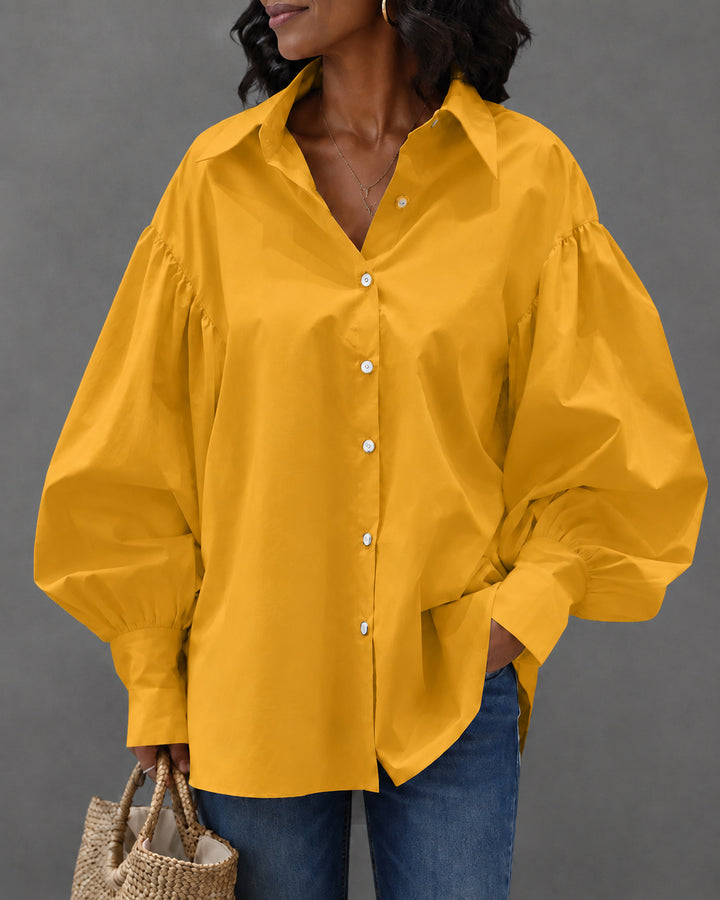 Lantern Sleeve Button-down Loose-fitting Stylish Shirt Blouse