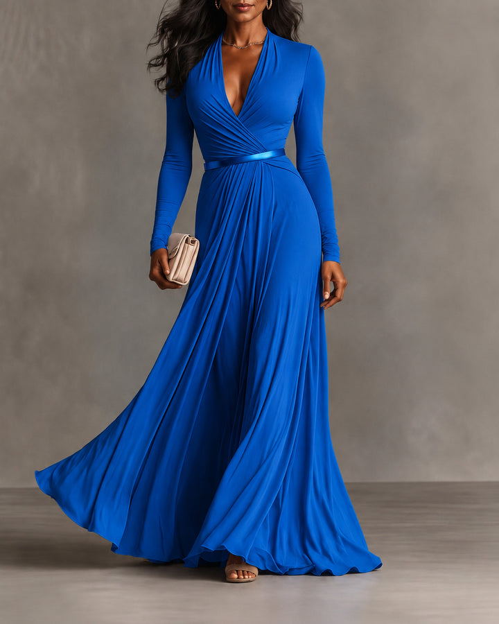 V-Neck Long Sleeve Solid Color Elegant Flared Maxi Dress