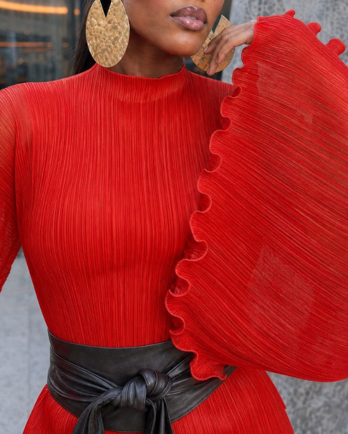 Women's Pleated Mock Neck Ruffled Puff Long Sleeve Mermaid Maxi Dress
