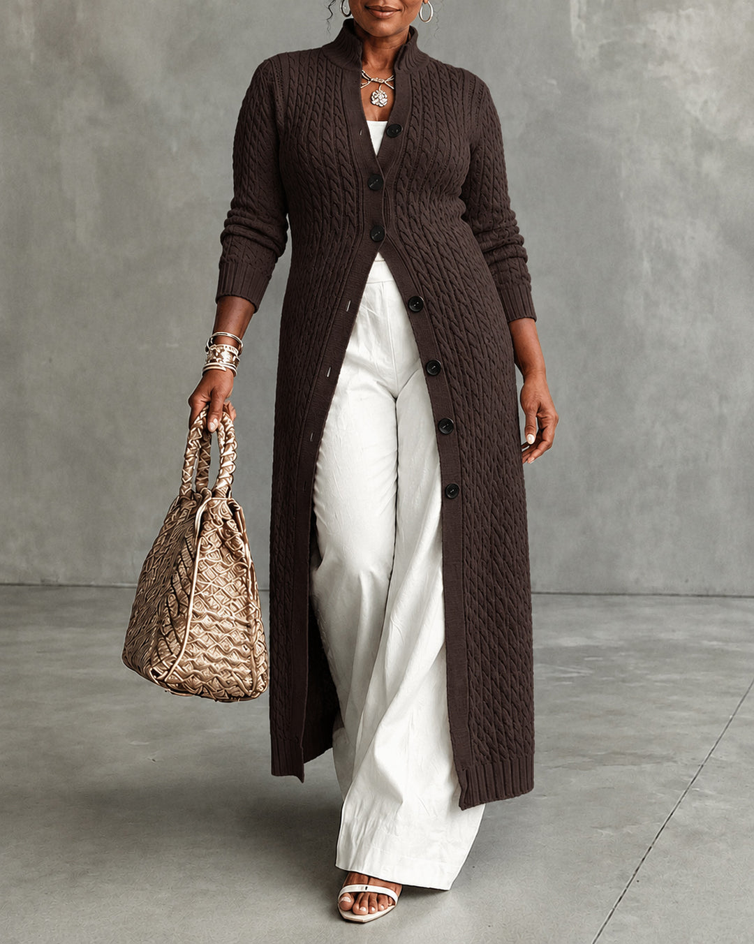 Women's Cable Stand Collar Long Sleeve Button Front Knit Maxi Cardigan