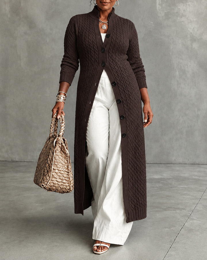 Women's Cable Stand Collar Long Sleeve Button Front Knit Maxi Cardigan