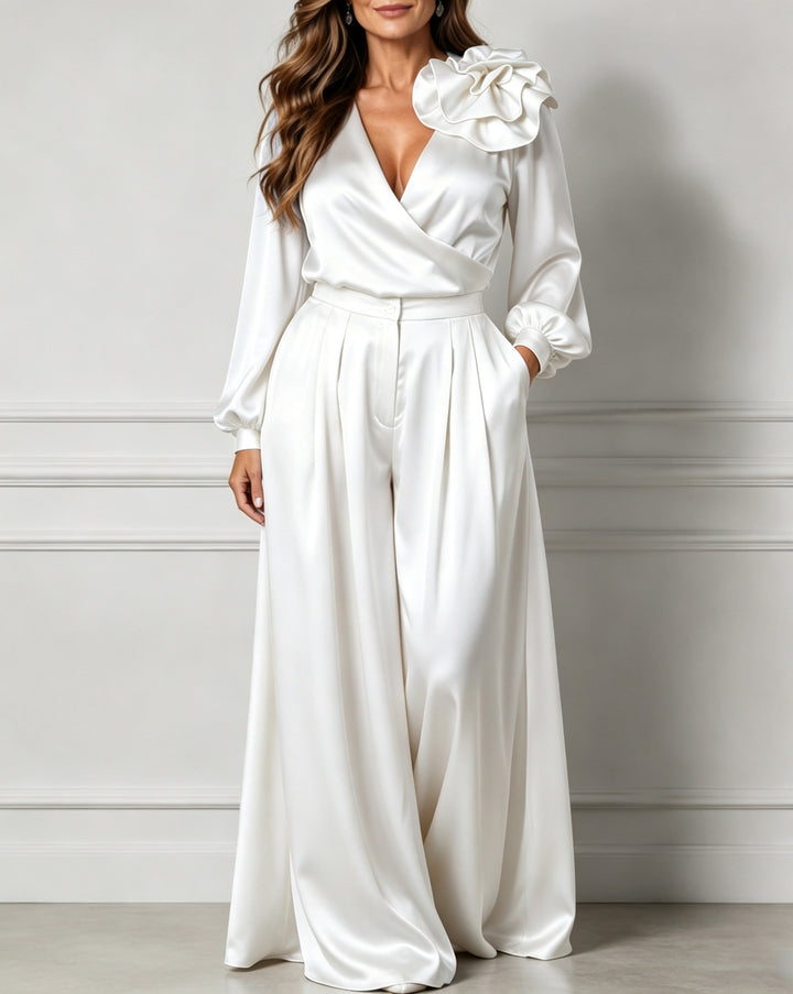 V-neck Satin Long-sleeved Top with Three-dimensional Floral Design and Wide-leg Pants Set