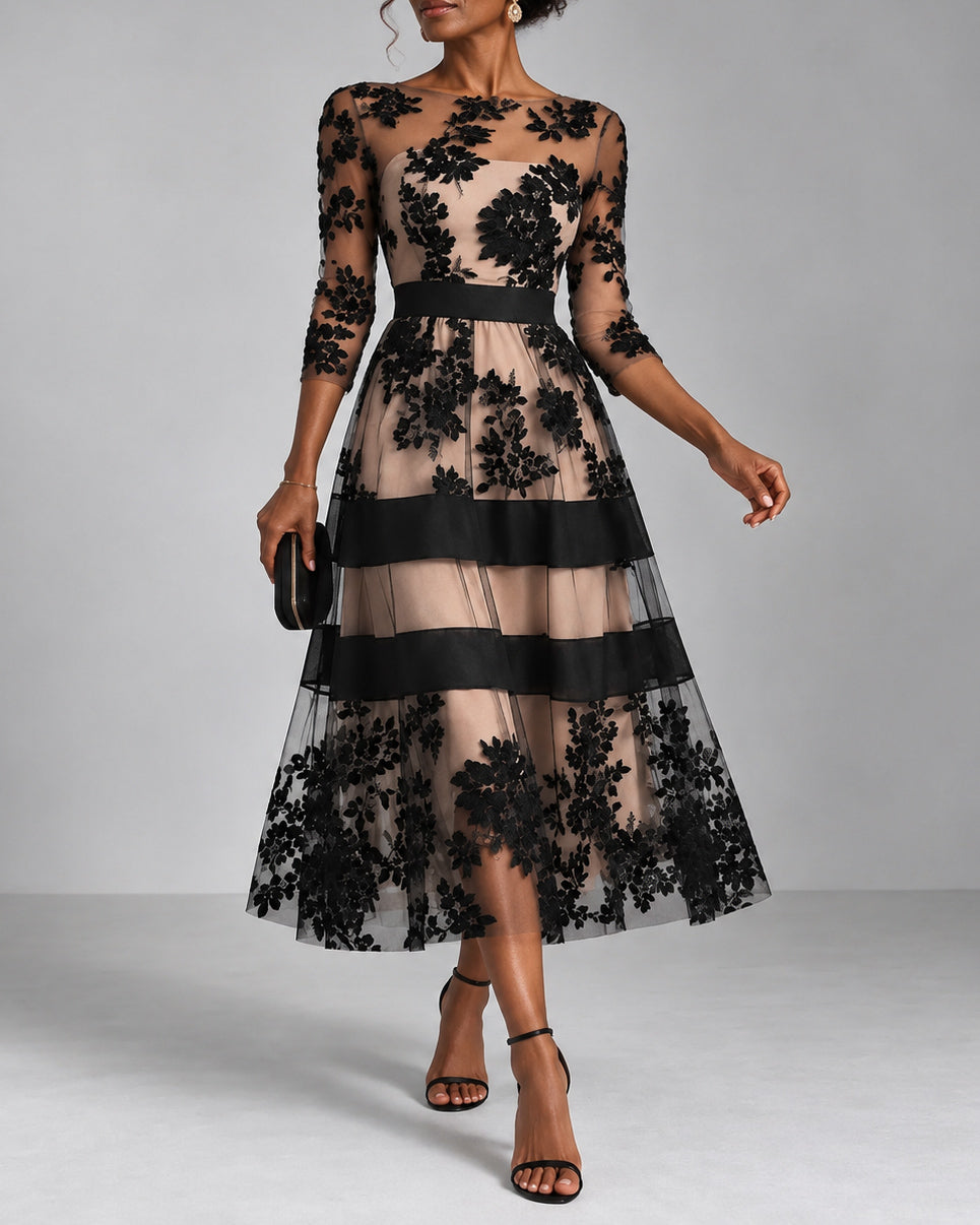 Women's Floral Lace Tulle 3/4 Sleeve A-Line Midi Dress