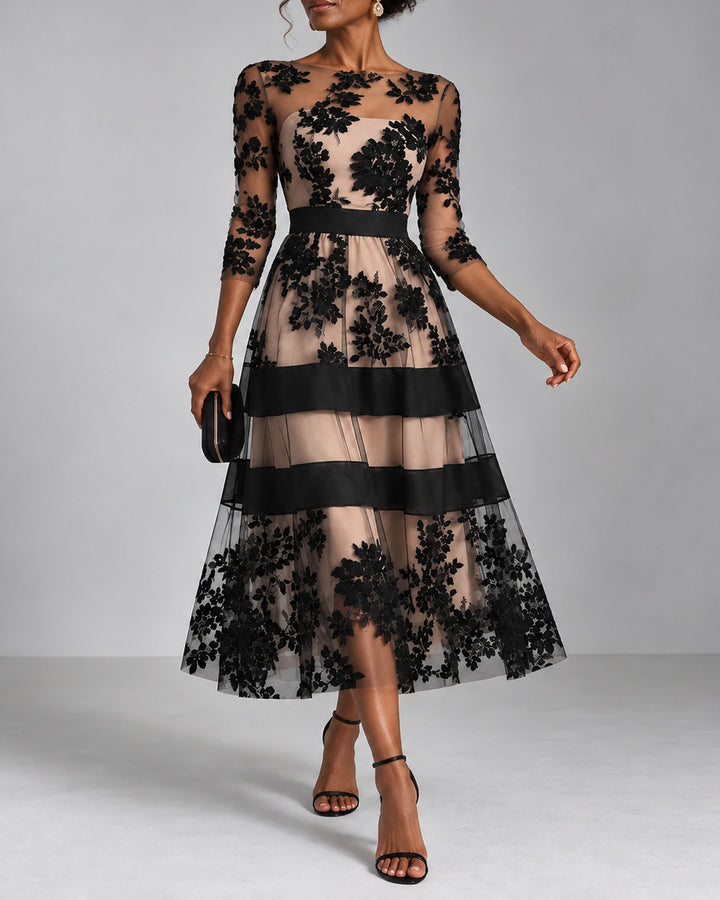 Women's Floral Lace Tulle 3/4 Sleeve A-Line Midi Dress